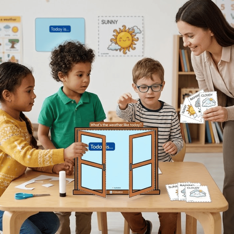 Descarga "Weather Pop-up Window", un recurso manipulativo e interactivo para trabajar el clima y las rutinas diarias en el aula de Inglés de Primaria.