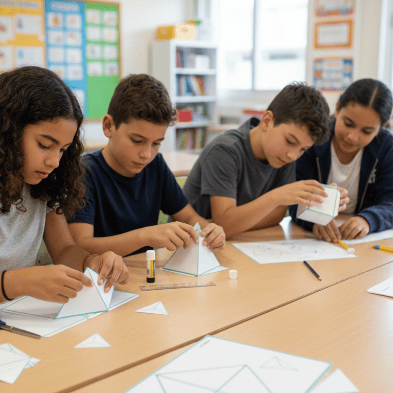 Recurso de geometría para construir poliedros mediante plantillas recortables, ideal para trabajar cuerpos geométricos en Primaria y Secundaria.