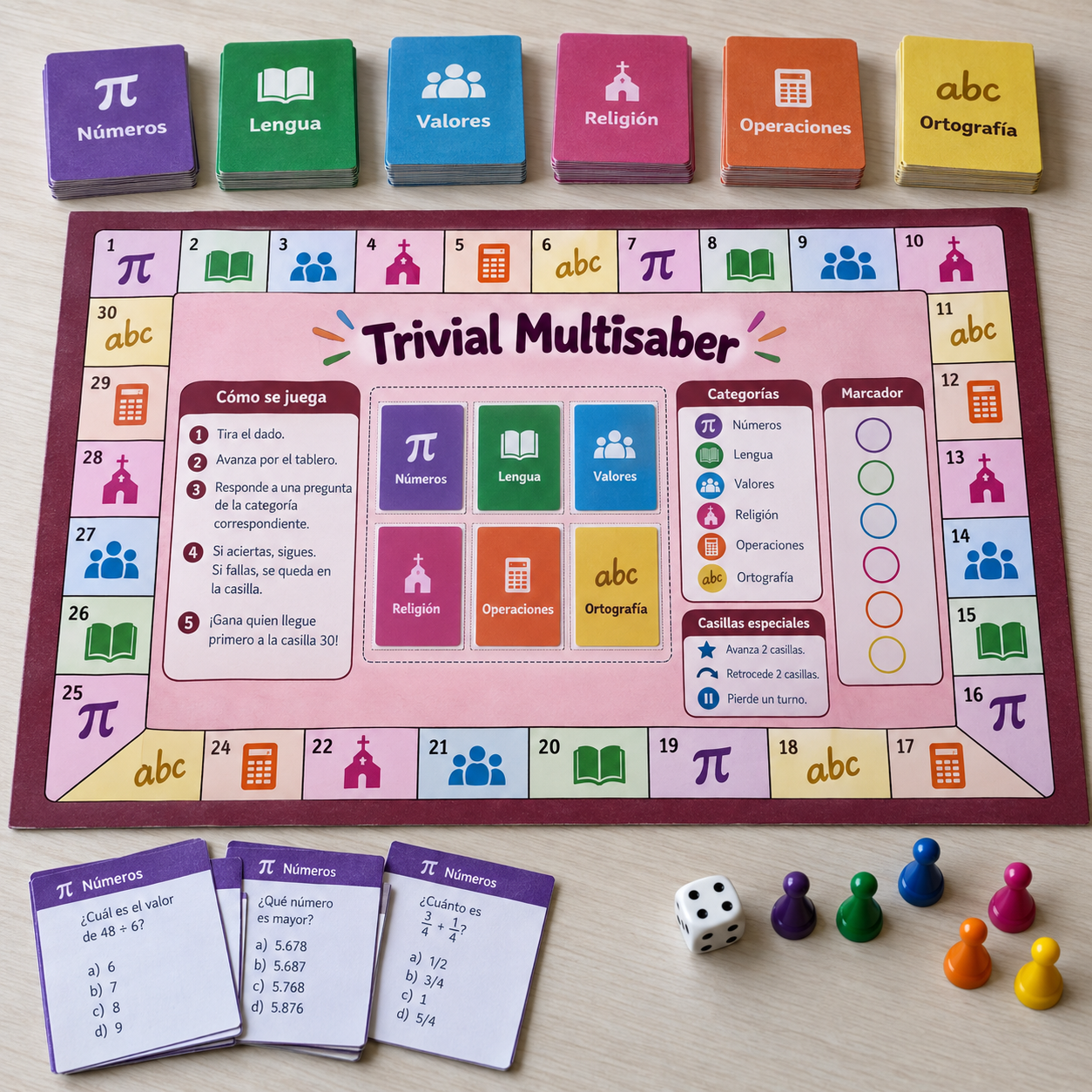 Juego de preguntas imprimible para 6.º de Primaria con 48 tarjetas de Matemáticas, Lengua, Valores, Religión, Operaciones y Ortografía.