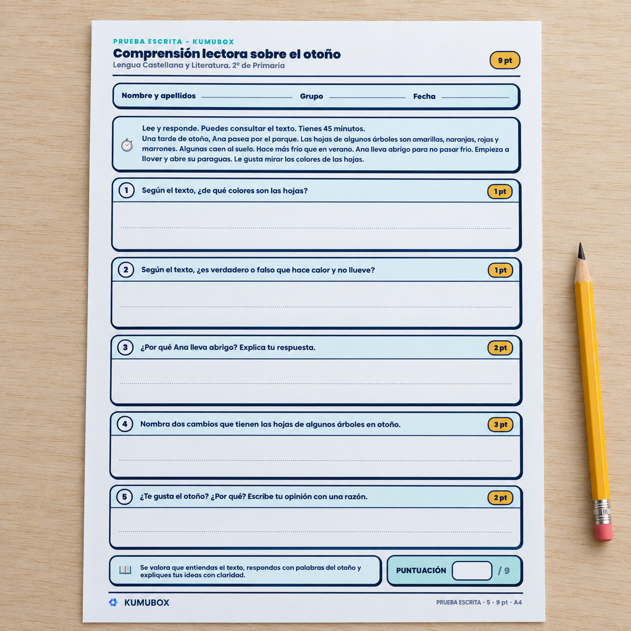 Lectura breve sobre el otoño para 2º de Primaria con cinco preguntas, solucionario puntuado y guía docente. PDF imprimible de cuatro páginas.