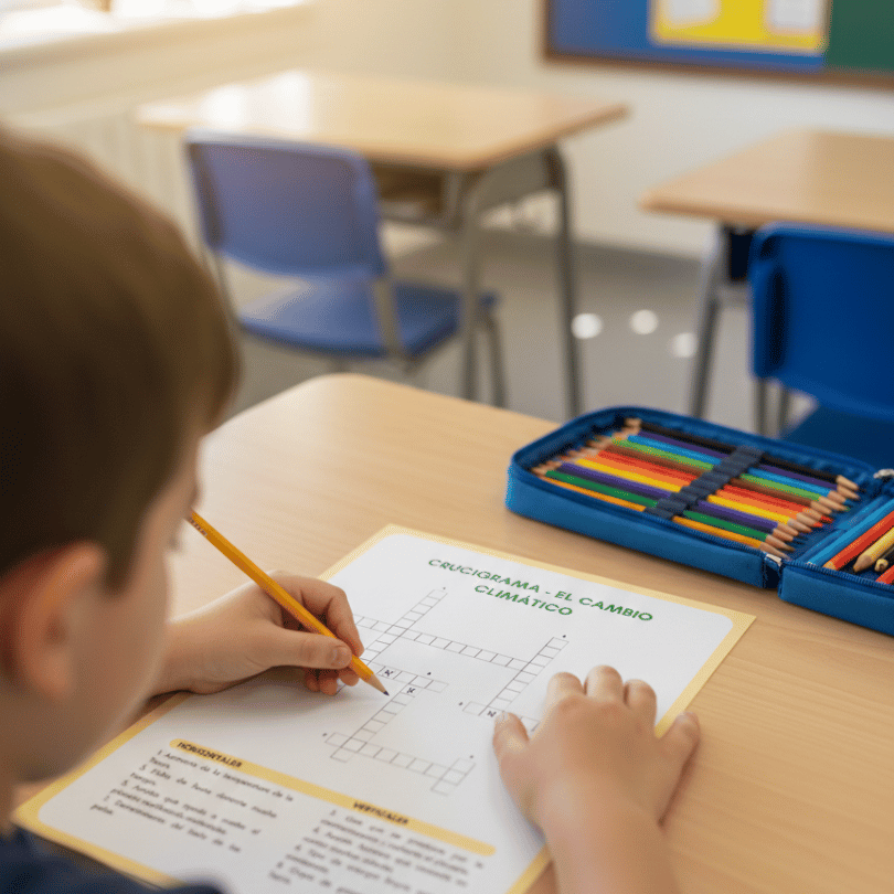Crucigrama educativo sobre el cambio climático para 3º de primaria. Recurso multilingüe (español, inglés, francés, catalán, euskera y gallego) para trabajar cau