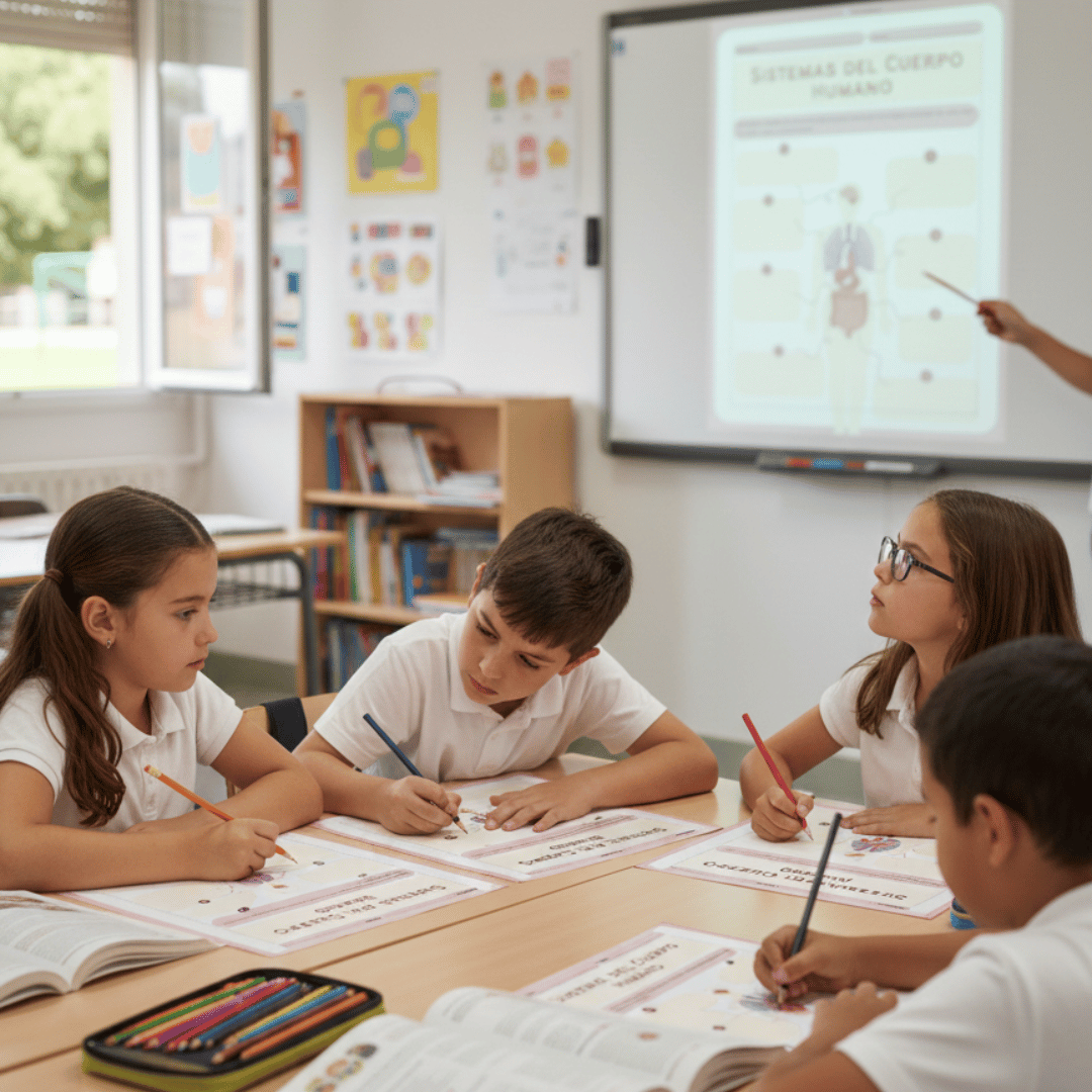 Actividad educativa para 4º de Primaria sobre los sistemas del cuerpo humano. Recurso imprimible y multilingüe para trabajar órganos, funciones, anatomía básica