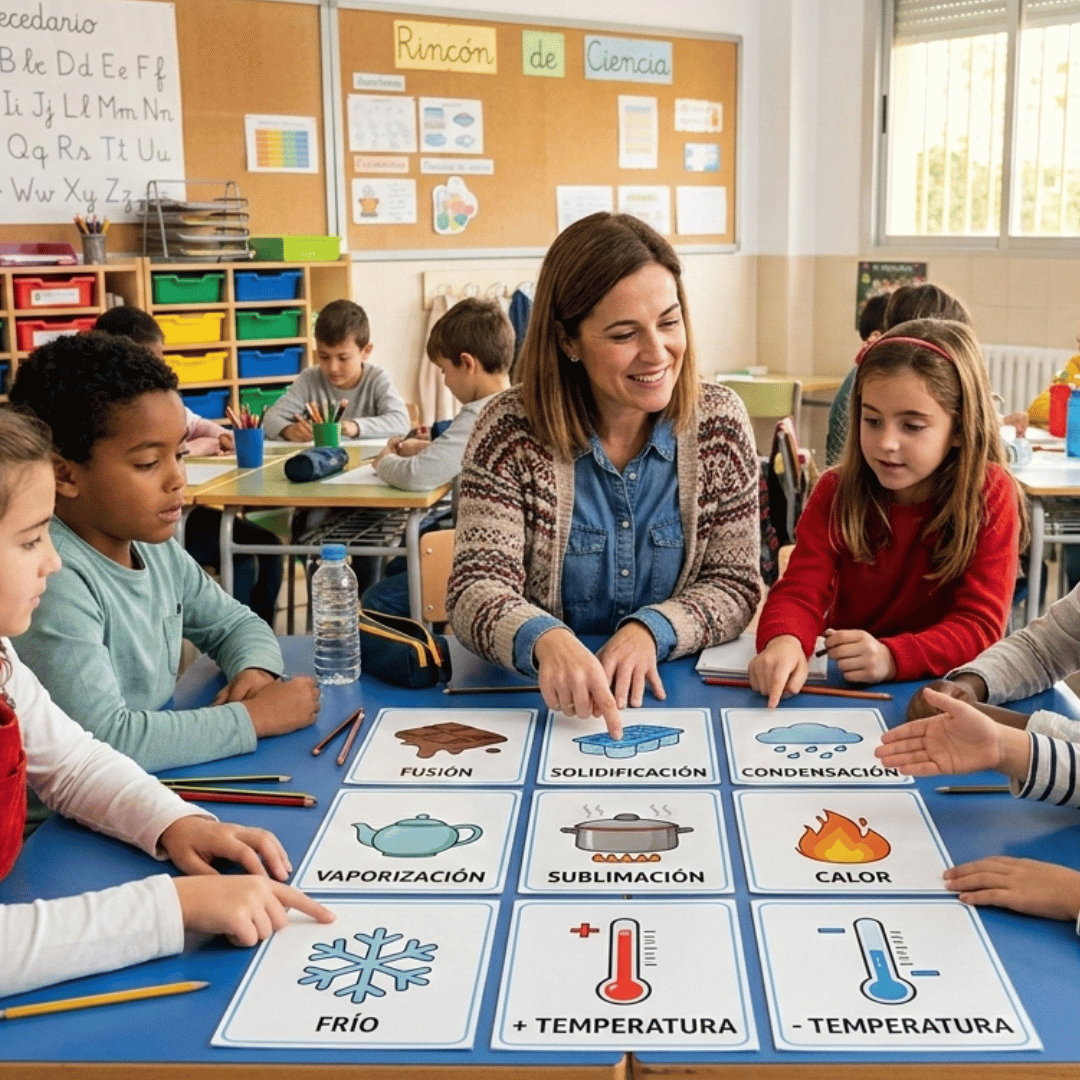 Recurso educativo manipulativo para 4º de Primaria para trabajar los estados de la materia y los cambios de estado mediante un dominó científico.