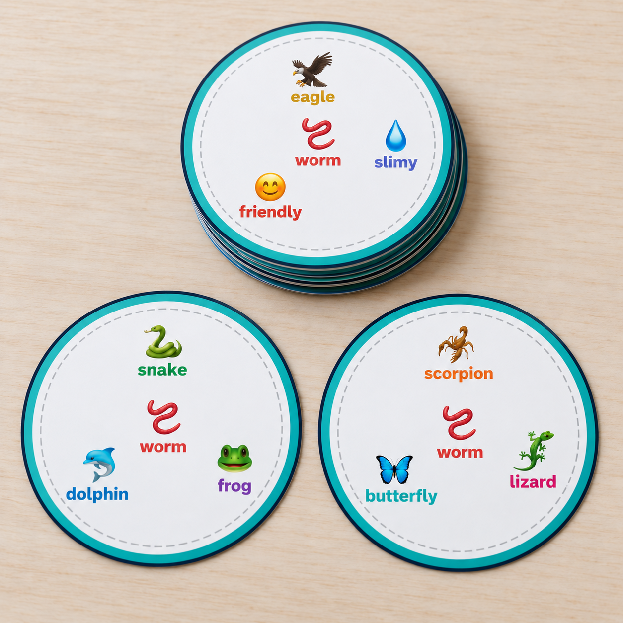 Juego en inglés para 3º de Primaria con 13 cartas circulares, cinco modos de juego y guía docente. Busca la palabra común y practica animales y adjetivos.