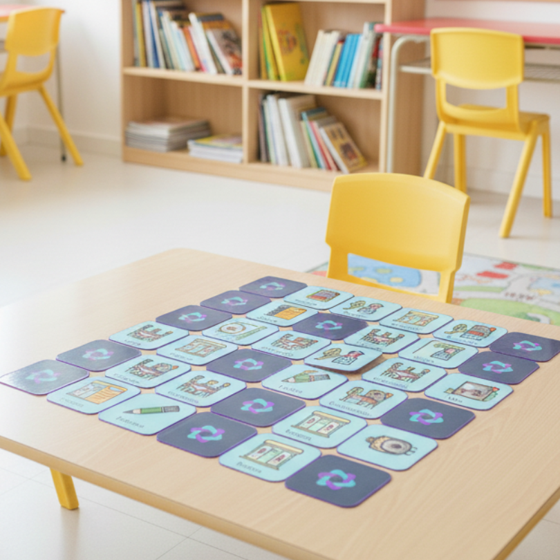 Juego de memoria visual con vocabulario escolar para Infantil y Primaria, diseñado para reforzar la atención, la expresión oral y la adquisición de palabras