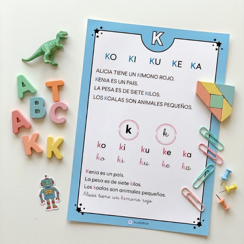 Descarga la cartilla de lectura de la letra K para Educación Infantil (5 años) y 1.º de Primaria. Recurso acumulativo con sílabas, palabras ilustradas.