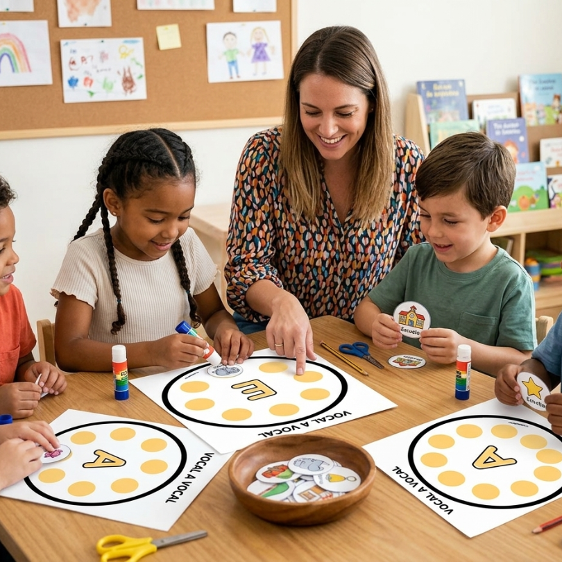 Descarga "Vocal a Vocal", un recurso manipulativo ideal para 1º de Primaria e Infantil. Mejora la conciencia fonológica y la discriminación de vocales