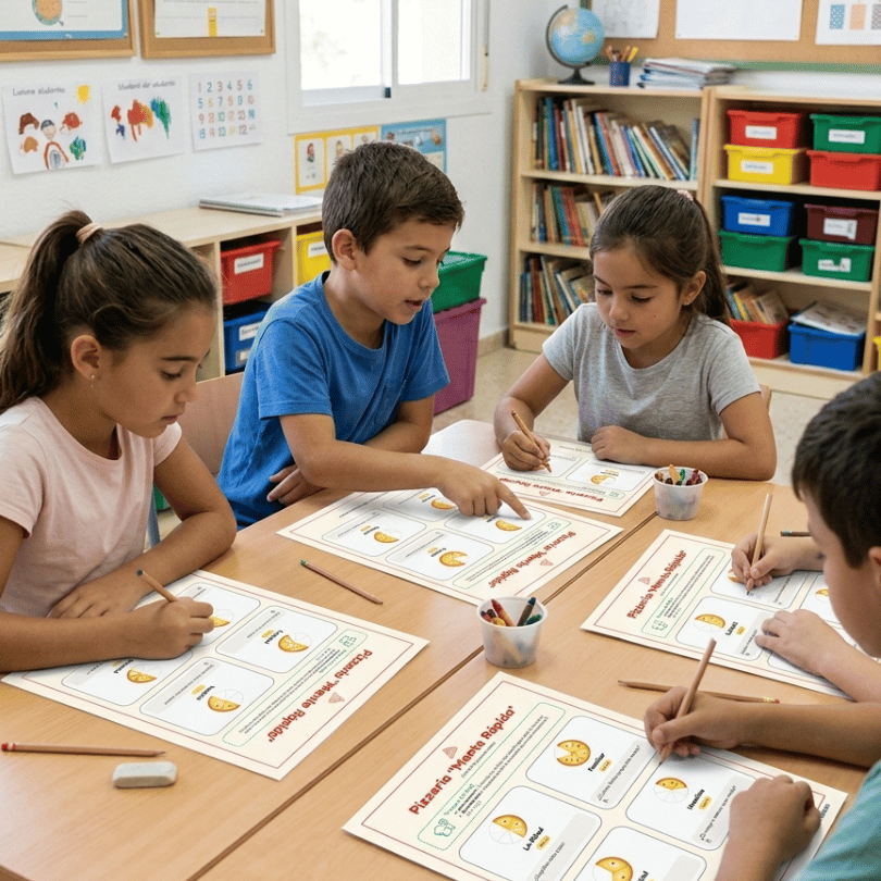 Actividad gamificada para trabajar el cálculo mental con fracciones en primaria mediante un juego de rol en una pizzería matemática. Incluye retos visuales, fra