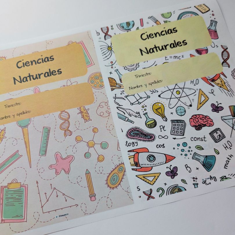 Conjunto de portadas para cuadernos de Ciencias Naturales y Sociales, listas para imprimir y personalizar. Favorecen la organización y la creatividad.