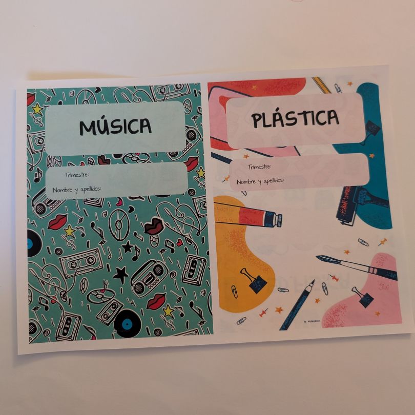 Portadas imprimibles para personalizar cuadernos de Música, Plástica y Educación Física en primaria. Promueven la creatividad y la expresión artística.
