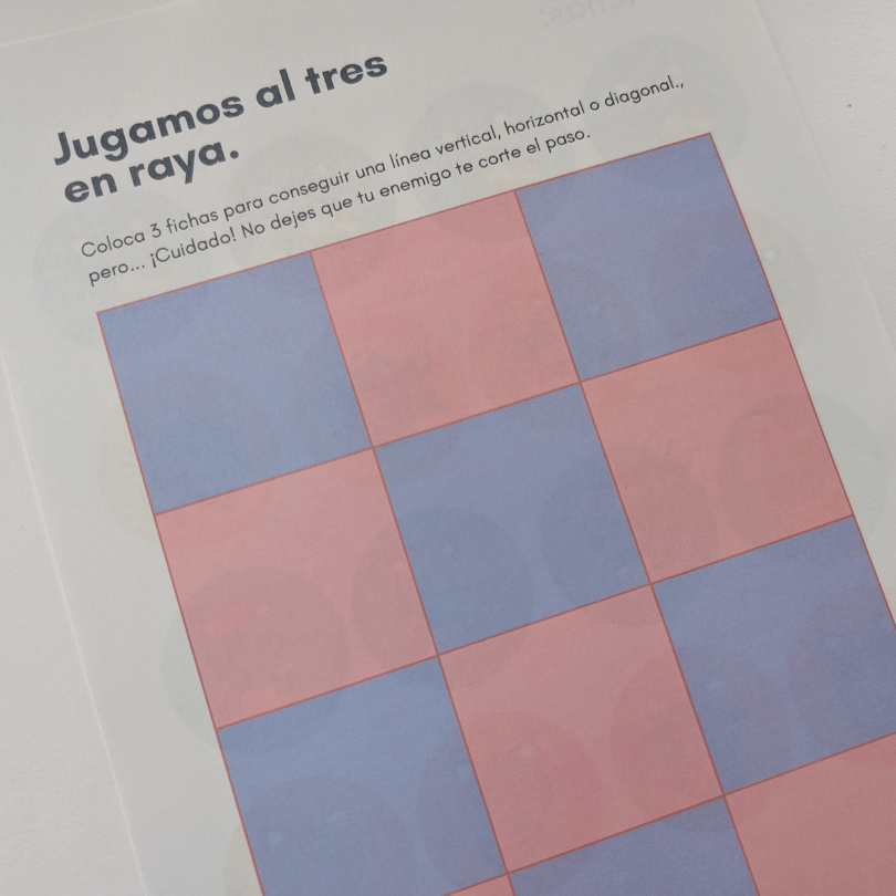 Juego de tres en raya imprimible para el aula, ideal para trabajar estrategia, convivencia y refuerzo de contenidos de manera lúdica.