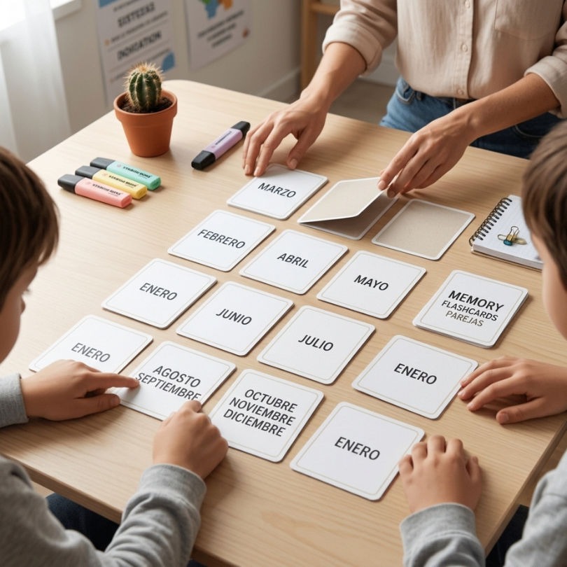 este material didáctico incluye flashcards y fichas para jugar al memory con los meses del año en español e inglés ideal para reforzar el aprendizaje de los mes...