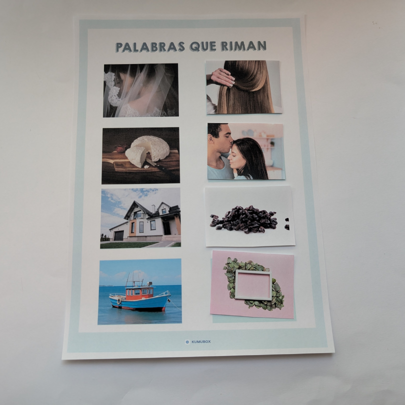 Actividad manipulativa y visual para identificar palabras que riman. Recurso fonológico ideal para infantil y primer ciclo de primaria