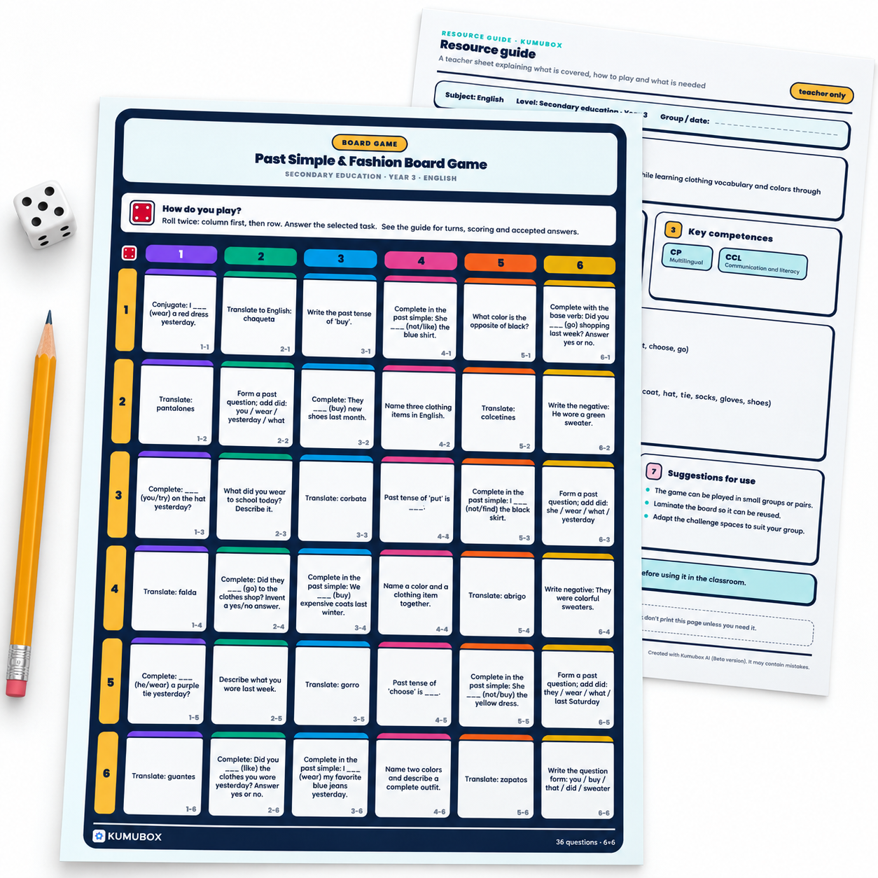 Tablero de inglés para 3º de ESO con 36 retos de pasado simple, ropa y colores. Incluye guía docente y soluciones para jugar con un dado.