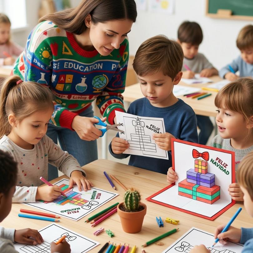 este recurso educativo ofrece una plantilla para crear una tarjeta navideña en tres dimensiones 3d ideal para infantil primaria y el aula enclave incluye versio...