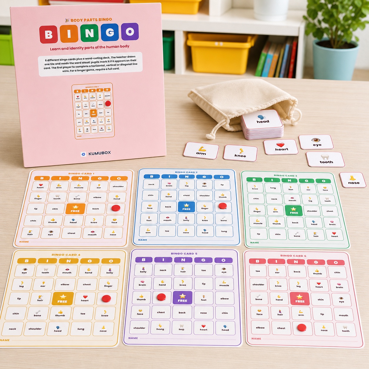 Bingo imprimible de vocabulario corporal en inglés para Primaria: 6 cartones, 30 fichas de palabras y guía docente.
