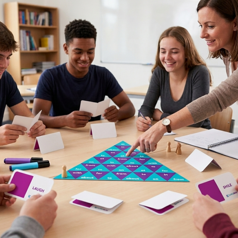 juego interactivo diseñado para practicar los verbos seguidos de preposiciones en inglés a través de un tablero y cartas con verbos ocultos los jugadores deben...