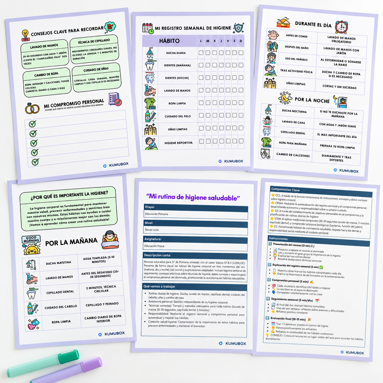 Recurso educativo para 5.º de Primaria sobre higiene corporal y hábitos saludables, con rutinas diarias, registro semanal y compromiso personal.