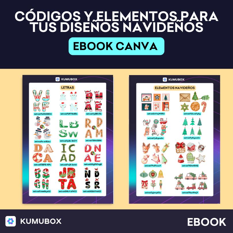 Guía visual con códigos de Canva para acceder a elementos navideños, letras decoradas y más. Recurso ideal para crear carteles, tarjetas y materiales educativos