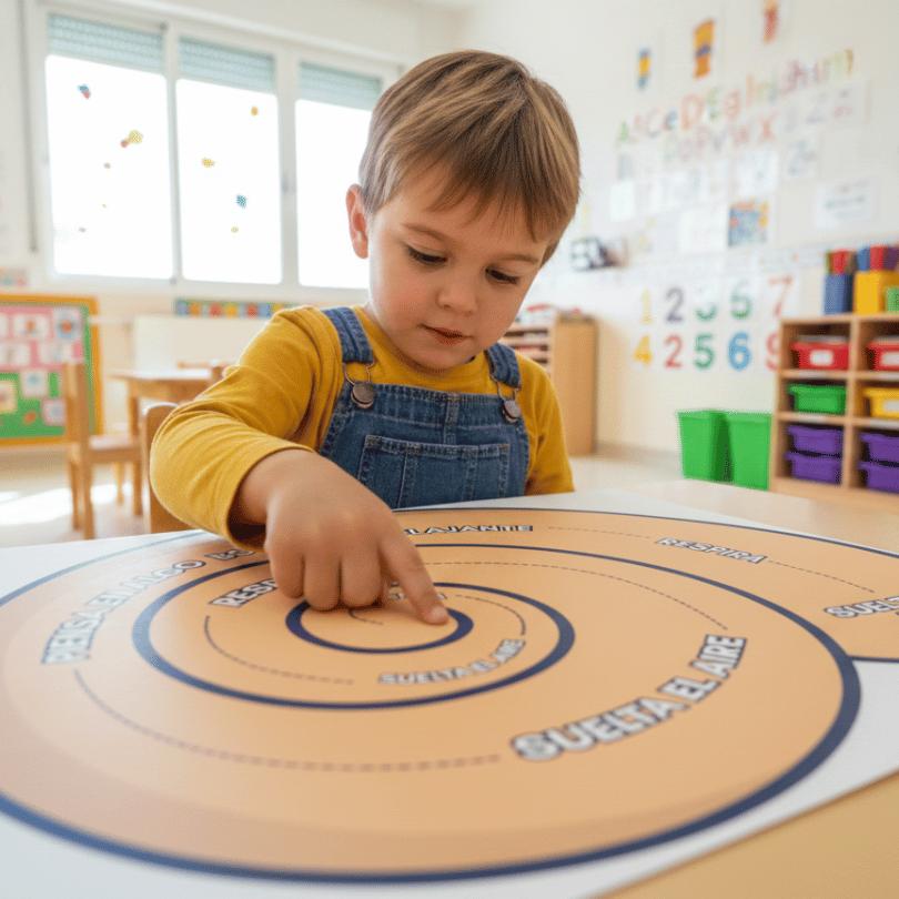 Recurso de educación emocional para Infantil (3–6 años) basado en una caracola visual que guía la respiración consciente. Ideal para el rincón de la calma.
