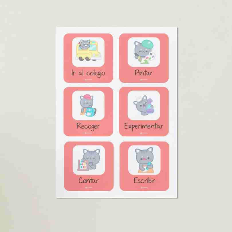 Juego de memoria para trabajar acciones cotidianas del entorno escolar. Perfecto para primer ciclo de primaria, estimula el vocabulario, la comprensión oral