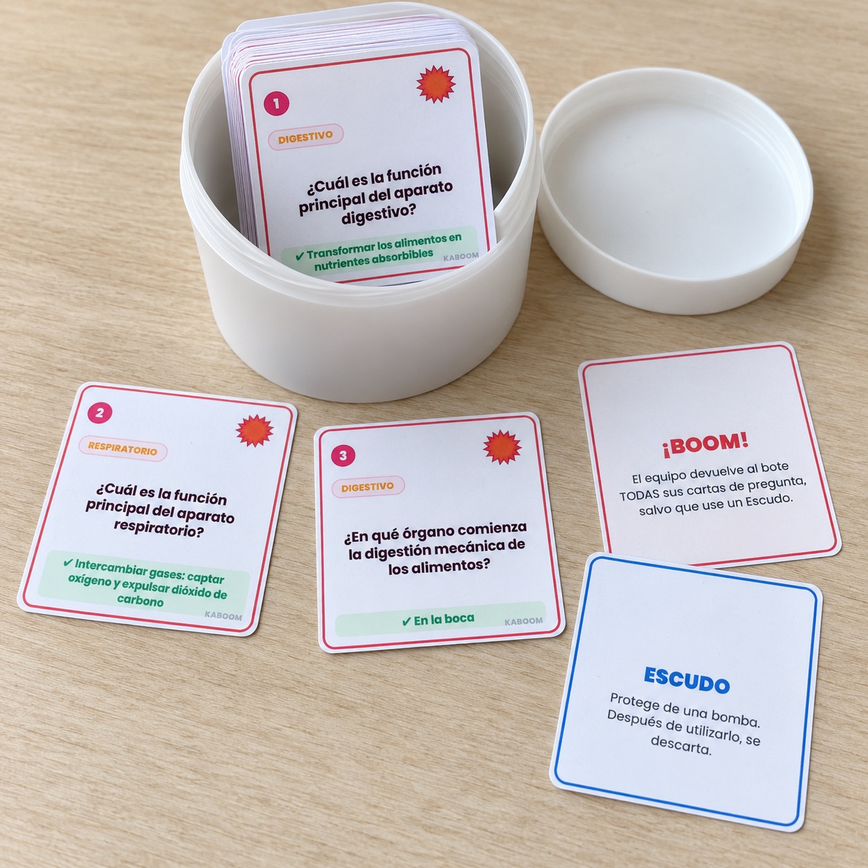 Repasa digestión y respiración con 30 preguntas y 14 cartas especiales. Juego por equipos para Secundaria, con instrucciones, respuestas y guía.