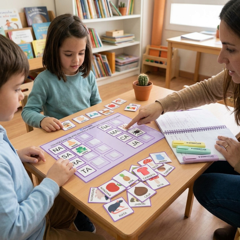 este recurso educativo incluye 5 tableros con sílabas y 80 fichas ilustradas para que el alumnado asocie imágenes con la sílaba correspondiente en el nombre del...