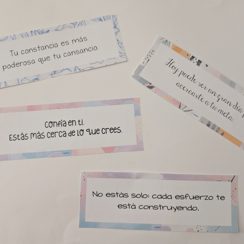 Pack de tarjetas con frases positivas para acompañar emocionalmente a opositores. Ideal para mantener la motivación y trabajar el autocuidado.