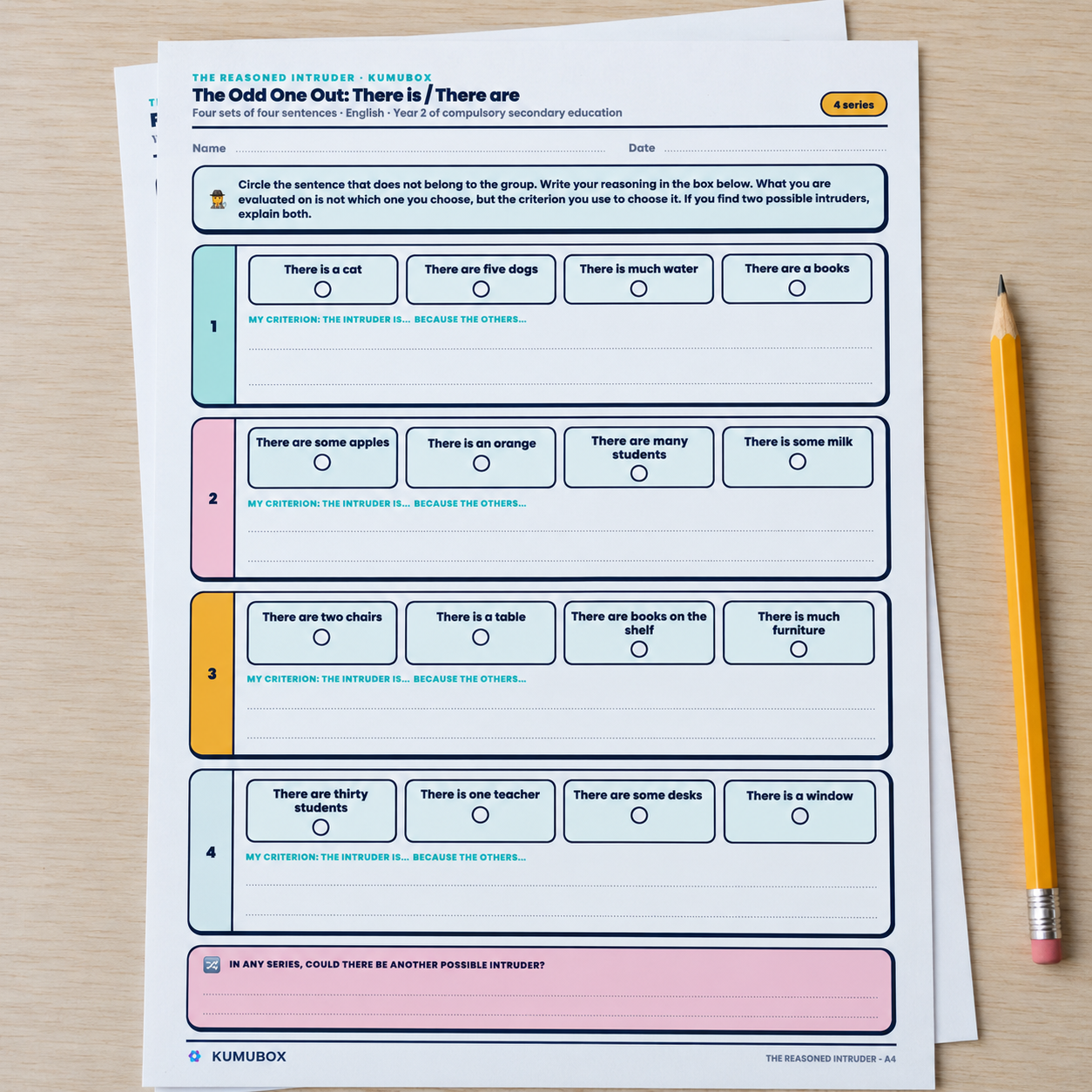 Actividad en inglés para 2.º de ESO: cuatro series para elegir el intruso y justificar el criterio, con guía, referencia curricular y soluciones.
