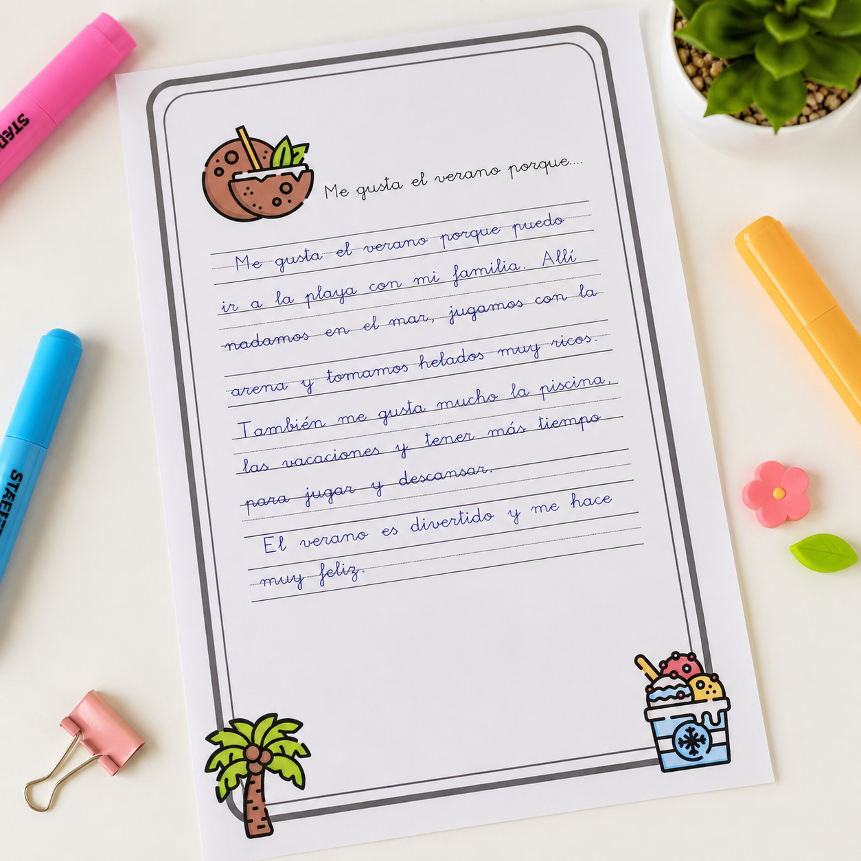 Descarga esta plantilla de escritura creativa sobre el verano para 1.º y 2.º de Primaria. Incluye adaptaciones DUA