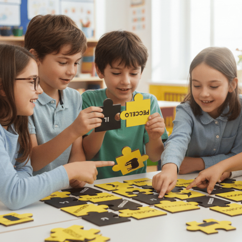 Descarga este Puzzle de Sustantivos Colectivos en italiano. Un recurso visual y lúdico para que alumnos de Primaria y Secundaria aprendan vocabulario, artículos