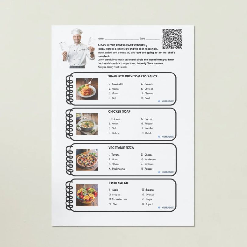 Fichas de listening en inglés para nivel A1 con situaciones reales en restaurantes. Perfecto para trabajar comprensión oral y vocabulario.