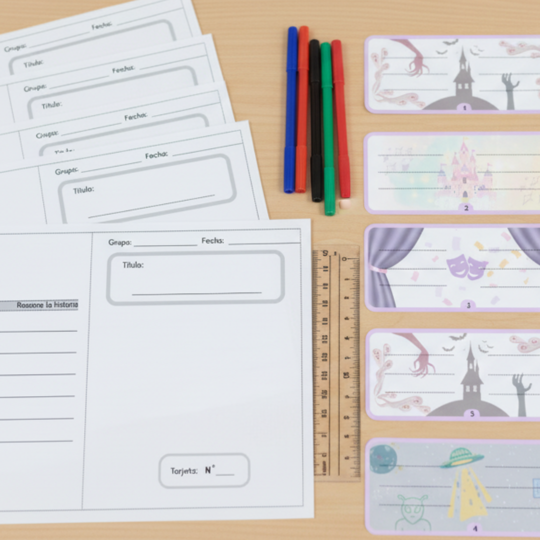 Recurso creativo de escritura para primaria que invita a inventar y redactar relatos, fomentando la imaginación, la expresión escrita y la educación literaria.