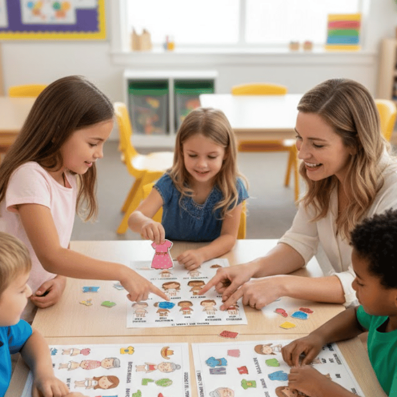 Actividad manipulativa para aprender vocabulario de ropa y familia. Los estudiantes visten a los personajes mientras practican estructuras básicas.