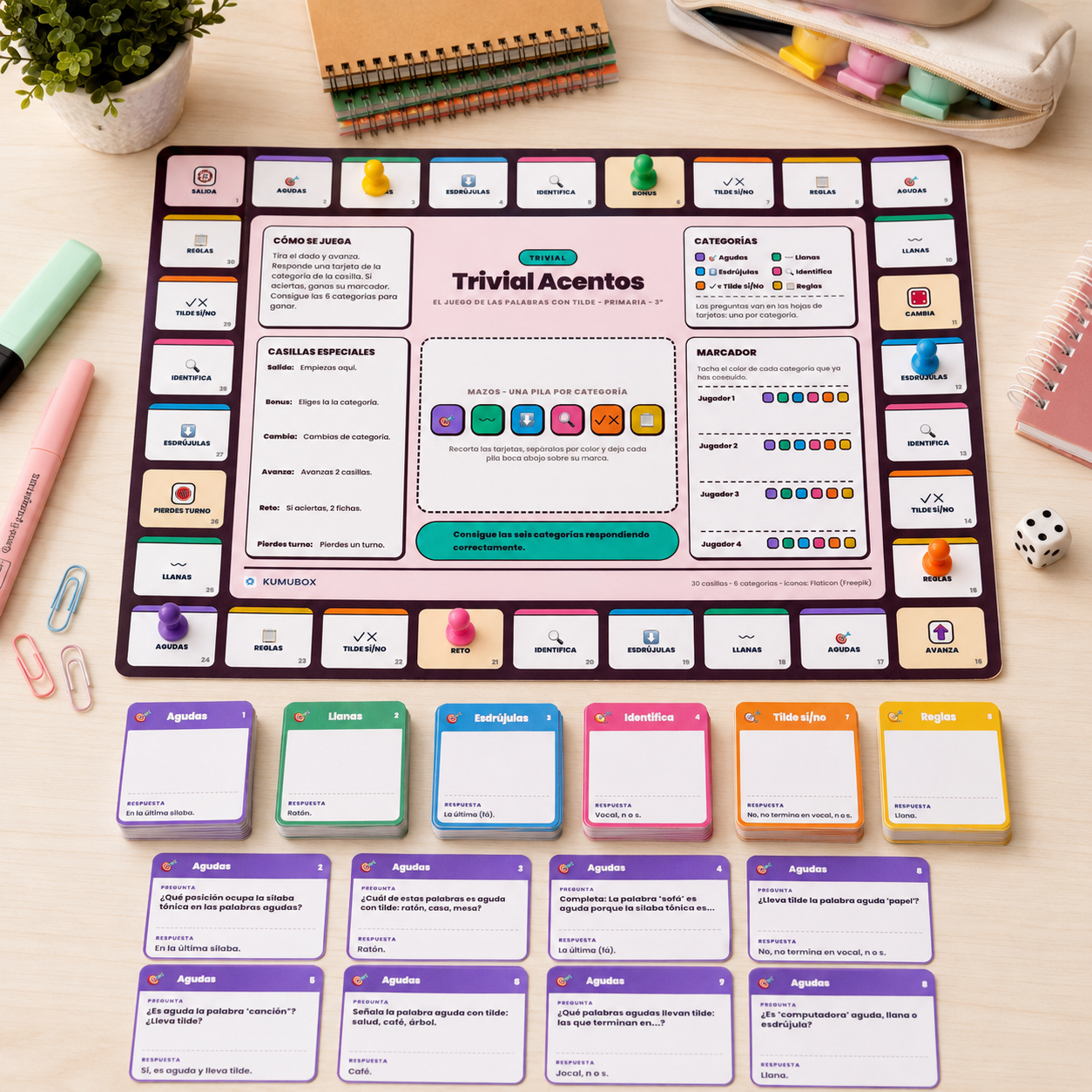 Trivial imprimible para practicar agudas, llanas, esdrújulas y reglas de tildación en 3º de Primaria mediante 48 tarjetas y tablero.