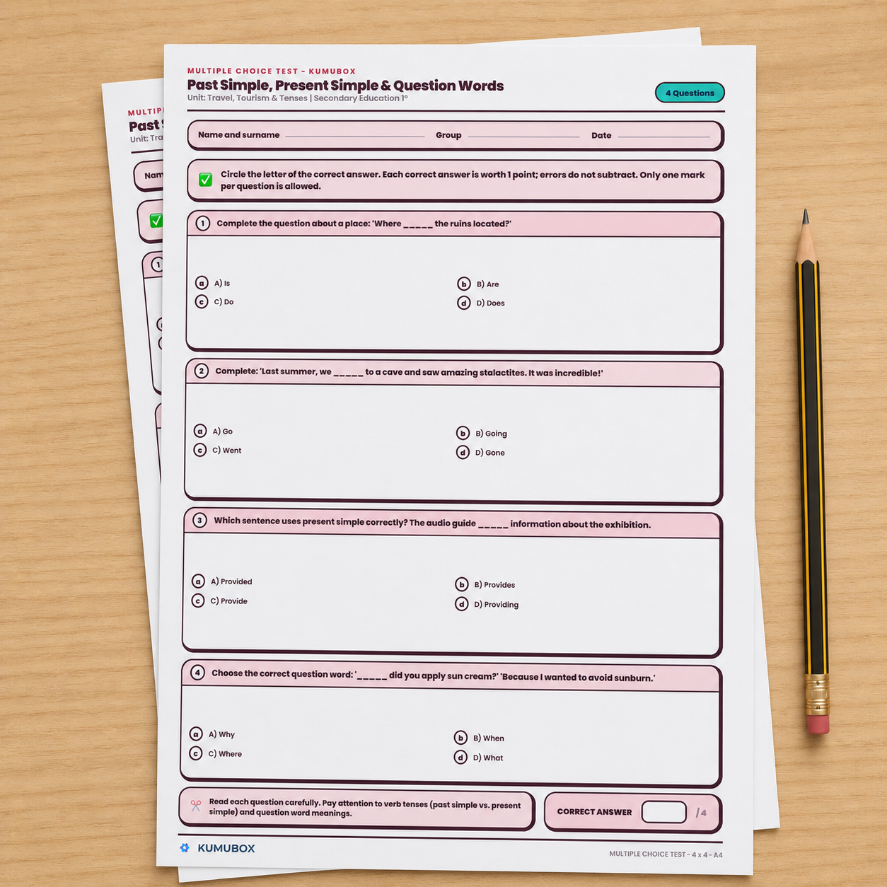 Test imprimible de inglés para 1º de ESO sobre past simple, present simple y question words, con vocabulario de viajes y solucionario razonado.
