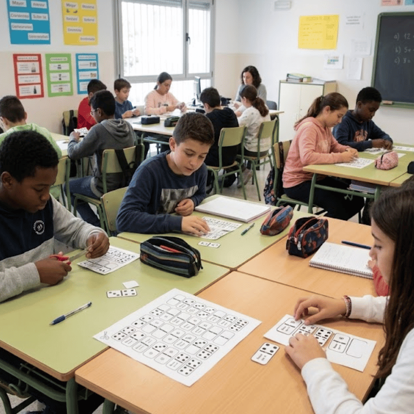 Recurso didáctico de Matemáticas para 1.º de ESO: "Dominó de números enteros". Juego manipulativo y cooperativo para comparar positivos, negativos