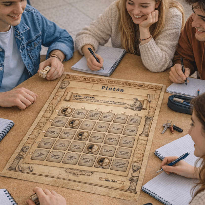 Recurso didáctico en formato tablero 6×6 para repasar de forma activa la filosofía de Platón, orientado a 2.º de Bachillerato.