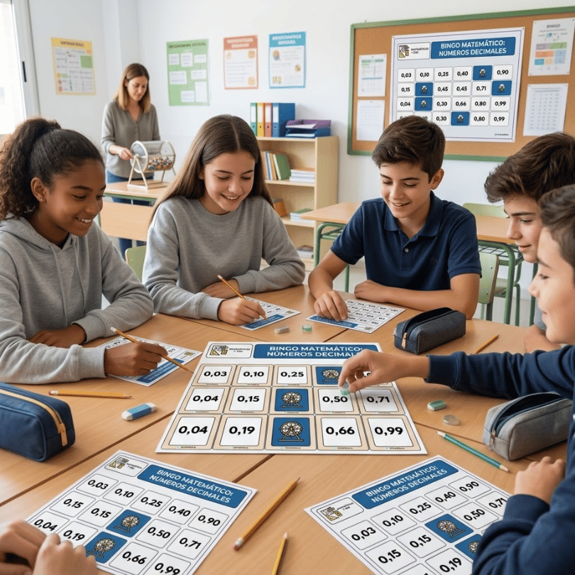 Recurso didáctico de Matemáticas para 1.º de ESO: "Bingo Matemático de Números Decimales". Trabaja la equivalencia entre números decimales y fracciones