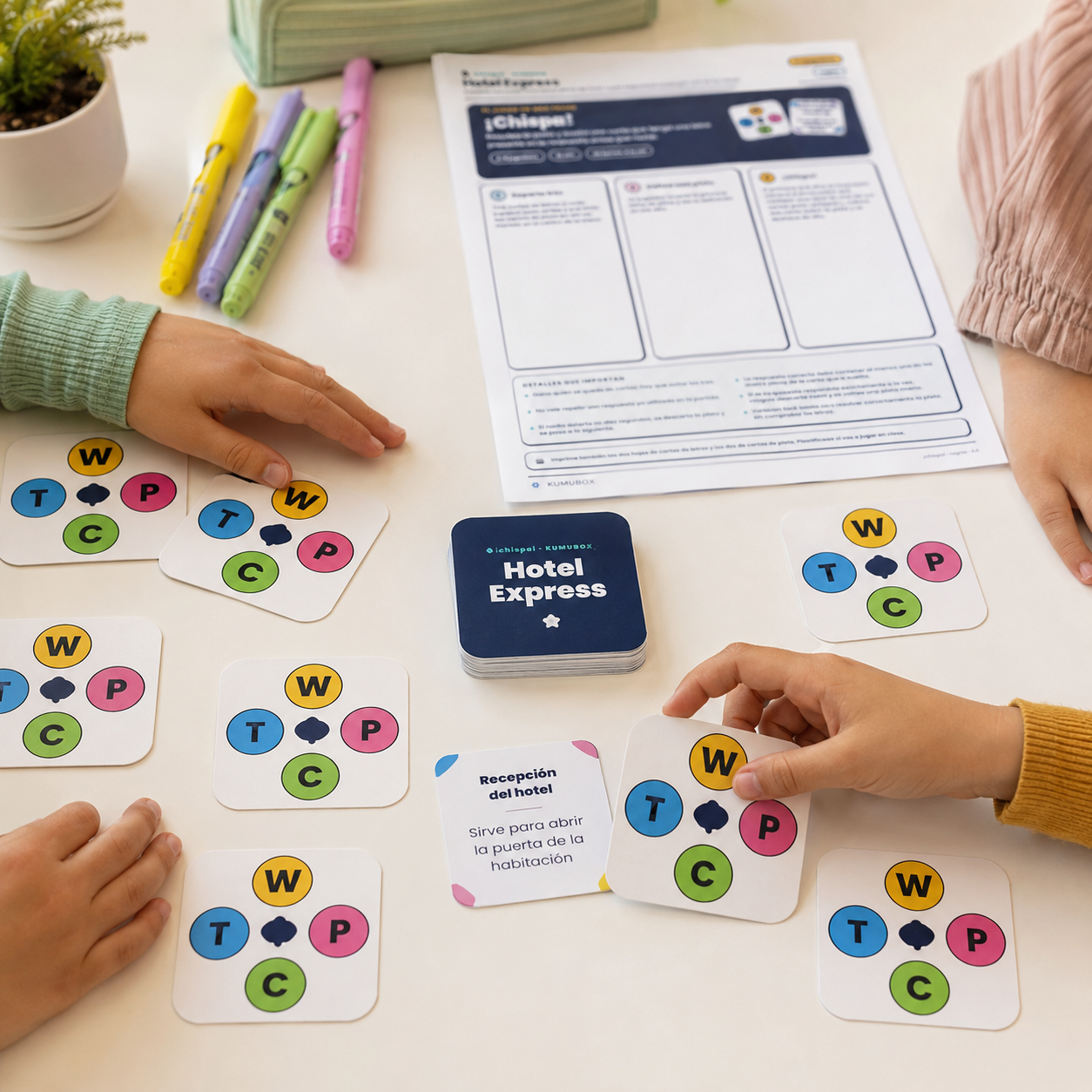 Juego de cartas imprimible para ELE A2 con 18 cartas de letras y 18 de pistas. Practica profesiones, espacios y objetos del hotel.