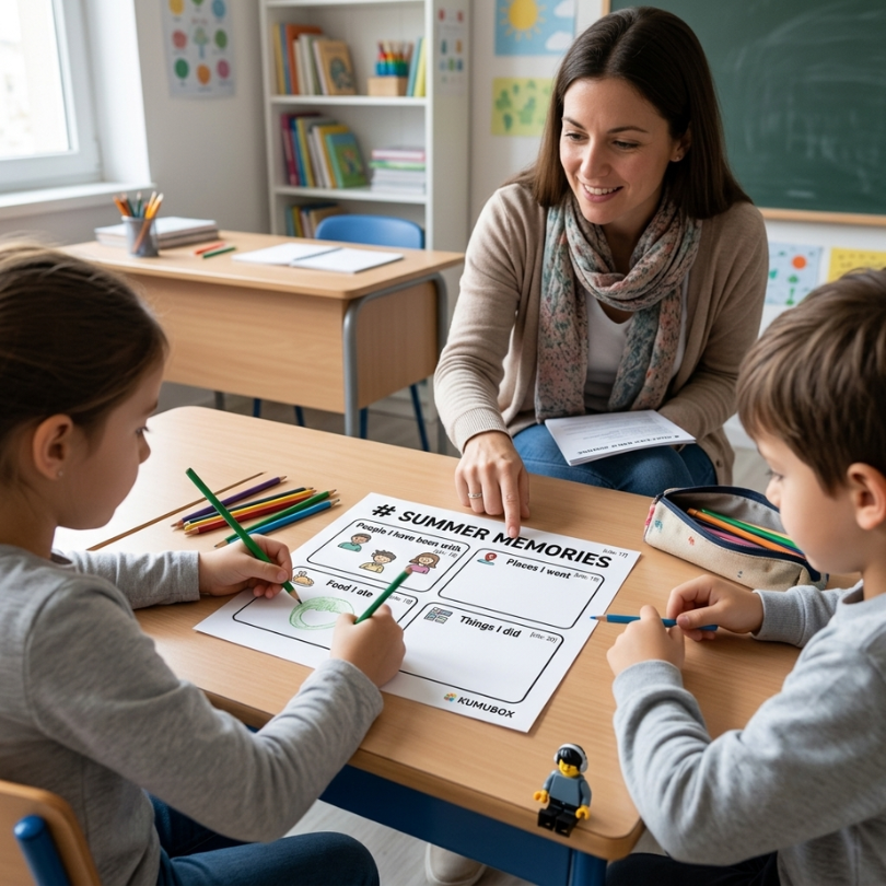 Ficha trilingüe en español, inglés y francés para que el alumnado de 1.º y 2.º de primaria exprese sus experiencias de las vacaciones de verano. Facilita la com