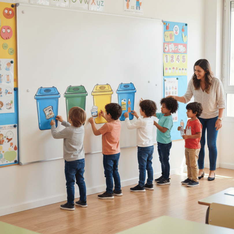 Recurso manipulativo de Ciencias Naturales para Primaria que enseña a clasificar residuos y fomenta hábitos sostenibles mediante actividades cooperativas y refl