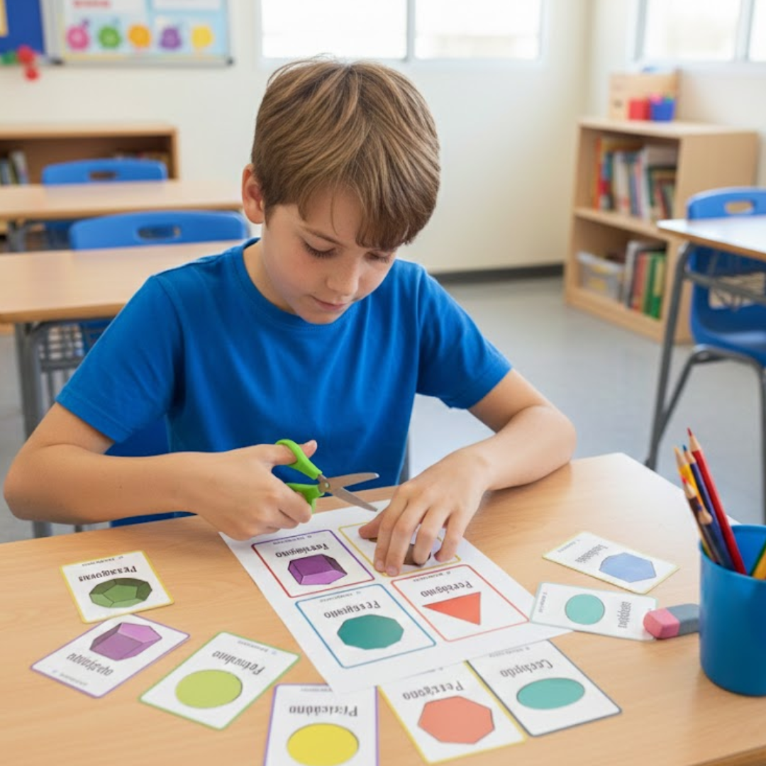 Recurso educativo multilingüe para aprender figuras geométricas en Educación Primaria. Actividades para identificar, clasificar y describir formas geométricas.