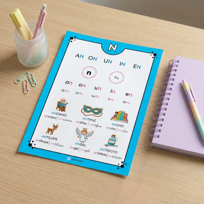 Cartilla didáctica para el aprendizaje acumulativo de las sílabas inversas con -N (an, en, in, on, un). Incluye lectura de sílabas.
