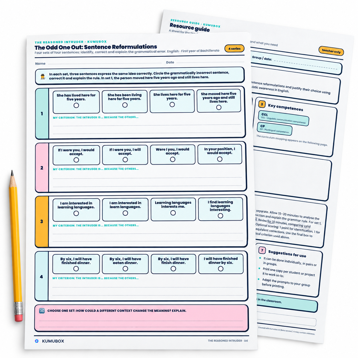 Ficha de inglés para 1º de Bachillerato: identifica, corrige y explica errores en cuatro series de reformulaciones. Incluye guía y soluciones.
