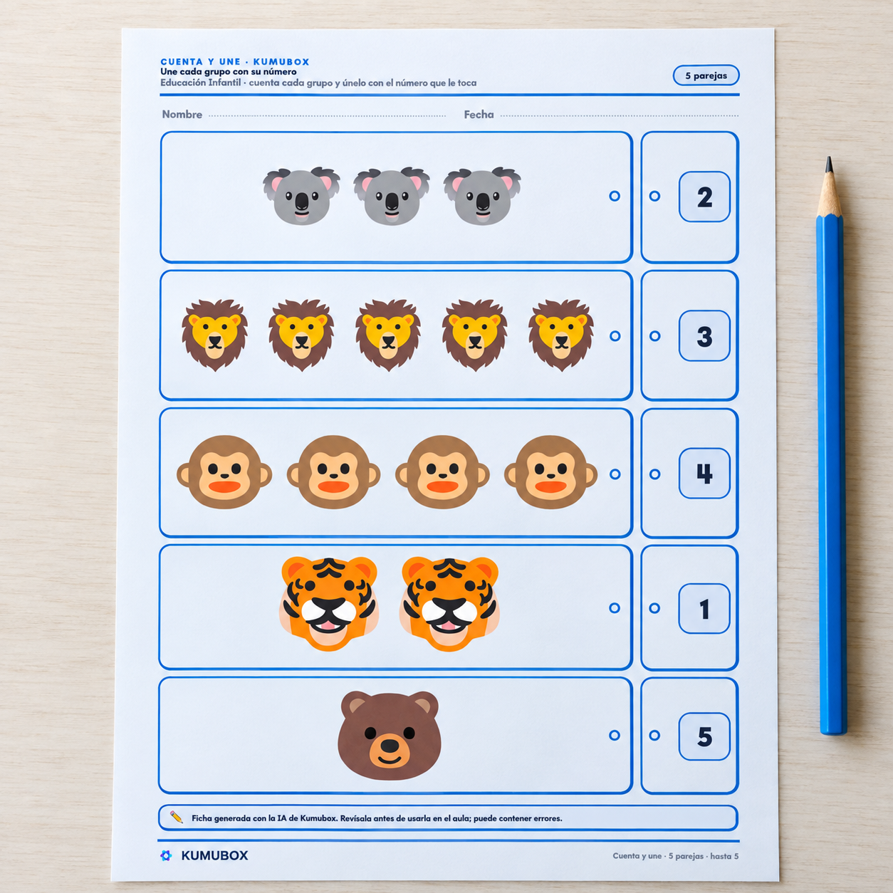 Ficha de conteo para 4 años: une cinco grupos de animales con los números del 1 al 5. Incluye solucionario, guía docente y créditos en un PDF de 4 páginas.