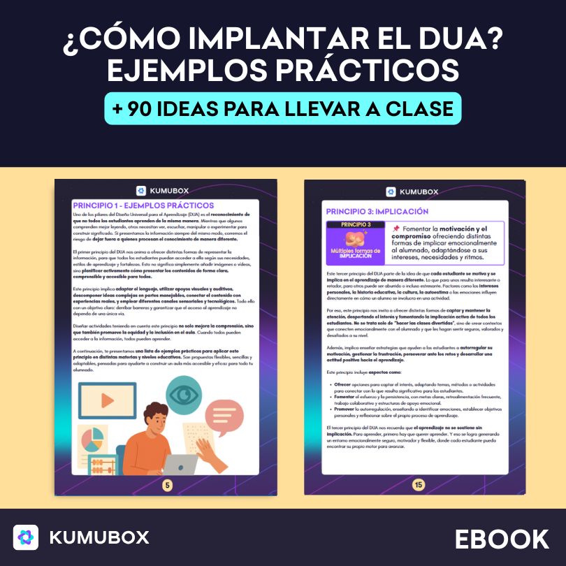 Ebook práctico para implementar el Diseño Universal para el Aprendizaje (DUA) en el aula con ejemplos reales, recursos visuales y plantillas descargables.