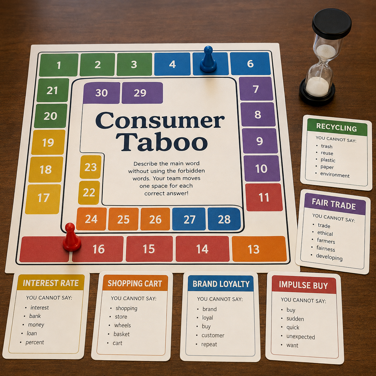 Juego imprimible en inglés con tablero de 30 casillas y 36 tarjetas para practicar consumerism, compras, finanzas, marketing y sostenibilidad.