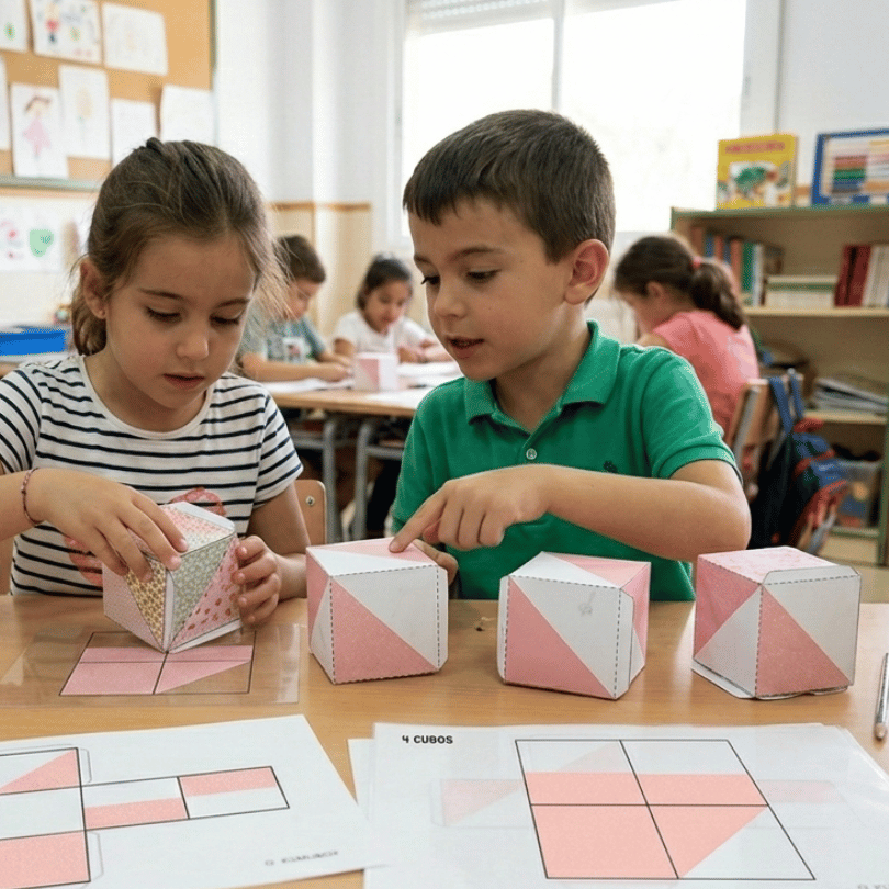Recurso manipulativo de Matemáticas para Primaria basado en la construcción de figuras con cubos de colores que desarrolla la visión espacial y la orientación.