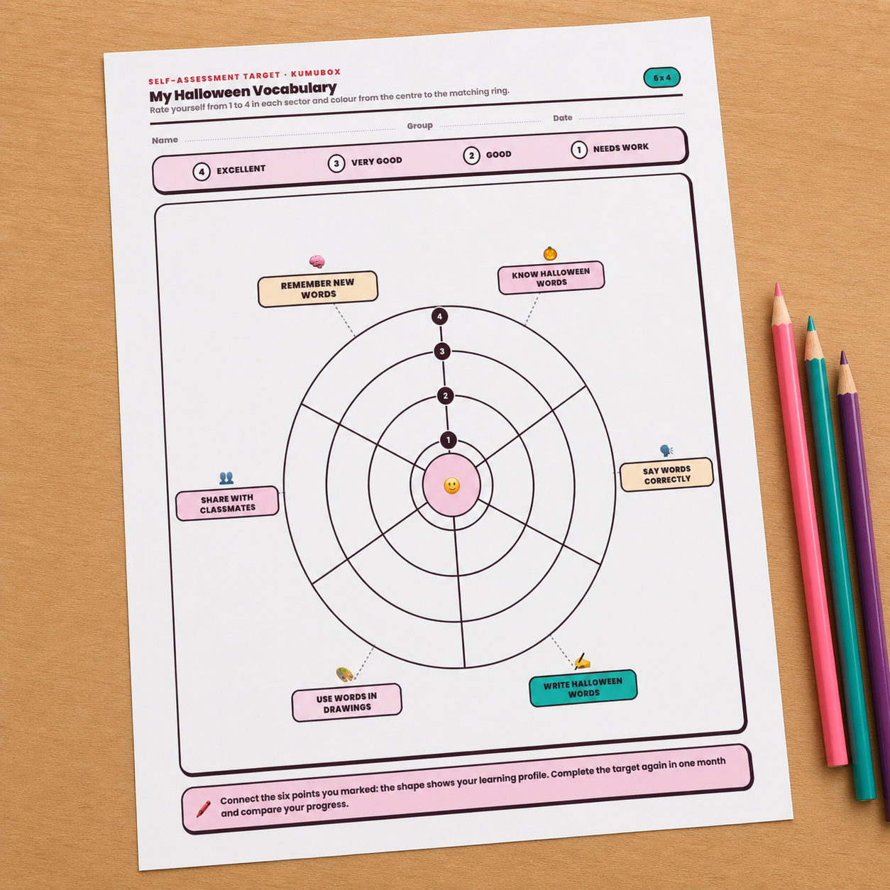 Diana de autoevaluación imprimible para valorar vocabulario de Halloween, pronunciación, escritura y estrategias de memoria en 6º de Primaria.